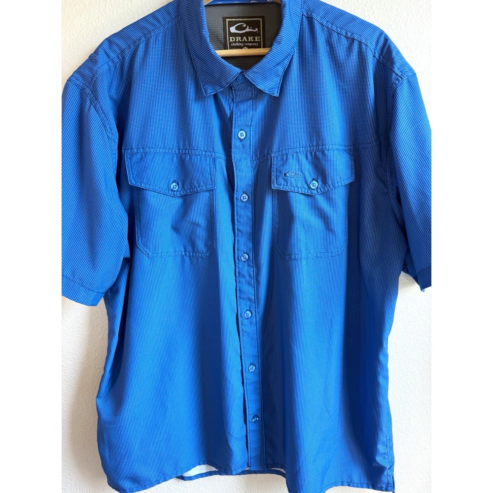Drake Mens L Blue Check Short Sleeve Button Up Shirt Regular Fit Pockets